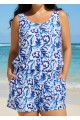 Curvy Blue And White Floral Vintage Wide Straps Pocket Swimsuit One Piece Swim Romper