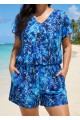 Blue Leaf V Neck Upf50+ Short Sleeves Vintage Pocket Curvy Swimsuit One Piece Swim Romper