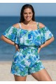 Plus Size White Leaf Flattering Off Shoulder Ruffled Women's Swimsuit One Piece Swimdress