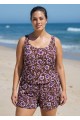 Curvy Purple Floral Scoop Neck Modest Wide Straps Pocket Swimsuit One Piece Swim Romper