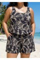 Black Plant Stripe Modest Wide Straps Pocket Plus Size Swimsuit One Piece Swim Romper