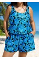 Curvy Blue Floral Scoop Neck Vintage Wide Straps Pocket Swimsuit One Piece Swim Romper