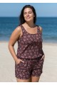 Plus Size Brown Floral Dot Scoop Neck Wide Straps Pocket Swimsuit One Piece Swim Romper
