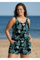 Curvy Green Tropical Leaf Print Scoop Neck Wide Straps Pocket Swimsuit One Piece Swim Romper