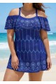 Plus Size Navy Off The Shoulder Line Flowers Women One Piece Swimdress