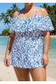 Curvy Blue Floral Print Off The Shoulder Modest Women's Swimsuit One Piece Swimdress