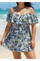 Curvy Navy Floral Off The Shoulder Flattering Women's Swimsuit One Piece Swimdress