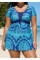 Plus Size Blue Geometric Print Short Sleeve Swimdress Top