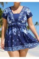 Blue Floral Short Sleeves Vintage Padded Plus Size Women's Swimsuit Swimdress Top
