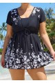 Black Floral Short Sleeves Modest Padded Curvy Women's Swimsuit Swimdress Top