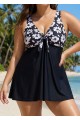 Trendy Black Floral Print Tie Front One Piece Swimsuit