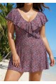 Plus Size Floral Print V-Neck Sleeves Swimdress Top