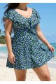 Plus Size Blue Green Floral V Neck Cap Sleeves Modest Ruffles Swimsuit Swimdress Set