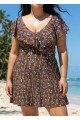 Curvy Brown Striped Floral Print V Neck Cap Sleeves Vintage Ruffles Swimsuit Swimdress Set