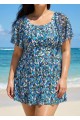 Plus Size Blue Green Floral Print Mesh Short Sleeves Padded Ruffle Swimsuit Swimdress Set