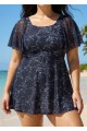 Black Floral Square Neck Mesh Short Sleeves Modest Ruffle Plus Size Swimsuit Swimdress Set