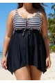 Black And White Striped Tie-Front Drawstring Asymmetrical Hem Swimdress Top