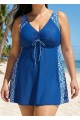 Plus Size Blue Geometric Modest Padded Drawstring Women's Swimsuit Two Piece Swimdress Set