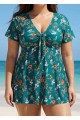 Green V Neck Floral Print Front Twisted Trendy Ruffle Swimdesse Set