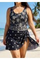 Plus Size Black Palm Tree Print Square Neck Vintage Side Knot Swimsuit One Piece Swimdress