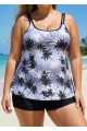 Plus Size Black And White Plants Print Double Straps Modest Tankini Top