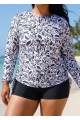 White Round Neck Long Sleeve Floral Printed Side Tie Plus Size Tankini Top