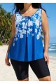 Blue Floral Modest Padded Wide Strap Loose Fit Curvy Women's Swimsuit Long Tankini Top