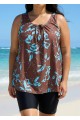 Curvy Brown Blue Tropical Leaf Vintage Wide Strap Loose Fit Plus Size Swimsuit Long Tankini Top