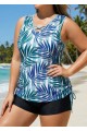 Drawstring Plants Print Fashionable Crochet Fresh Blue Tankini Top