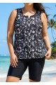 Plus Size Black White Leaf Pattern V Neck Sleeveless Modest Swimsuit Tankini Top