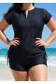 Black Plus Size Zip Front Short Sleeve Side Drawstring Tankini Top