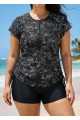 Black Floral Upf50+ Short Sleeves Zipper Drawstring Curvy Swimsuit Rash Guards Tankini Top