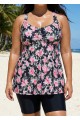 Black Floral Print Square Neck Flowy Modest Plus Size Tankini Swimsuit Top