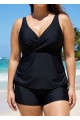 Drawstring Stylish Black Twisted Front Women Tankini Set