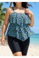 Blue Green Floral Vintage Layered Ruffles Curvy Women's Swimsuit Tankini Top