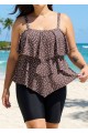 Plus Size Brown White Polka Dot Flattering Layered Ruffles Plus Size Women's Swimsuit Tankini Top