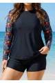 Black Leaf Print Long Sleeve Plus Size Swimsuit Swimwear Tankini Top