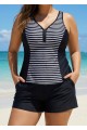 Black Striped Zip-Up Sporty With Pocket Rash Guard Tankini Set