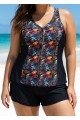 Plus Size Black Leaf Print Zipper Swimsuit And Swimwear Tankini Top