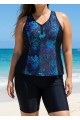 Plus Size Blue Floral Zipper And Color Block Swimsuits Tankini Top