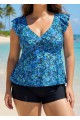 Blue Floral Print V Neck Ruffle Sleeve Plus Size Tankini Top