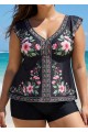 Black Floral V Neck Ruffled Sleeve Curvy Swimsuit Tankini Top