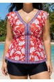 Red Floral V Neck Cap Sleeves Vintage Padded Ruffle Curvy Women's Swimsuit Tankini Top