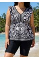 Plus Size Black White Geometric V Neck Cap Sleeves Modest Ruffle Swimsuit Tankini Top