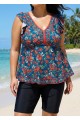 Curvy Blue Red Floral V Neck Cap Sleeves Vintage Ruffle Swimsuit Tankini Top