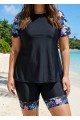 Black Floral Pullover Short Sleeve Fashion Casual Tankini Set