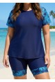 Blue Plants Pullover Short Sleeve Modest Plus Size Fashion Casual Tankini Set