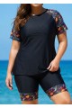 Black Plants Pullover Short Sleeve Modest Plus Size Fashion Casual Tankini Set