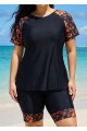 Red Tropical Floral Upf50+ Short Sleeves Plus Size Swimsuit Shirt Two Piece Tankini Set