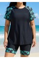 Black Plant High Neck Upf50+ Short Sleeves Curvy Women's Swimsuit Shirt Two Piece Tankini Set